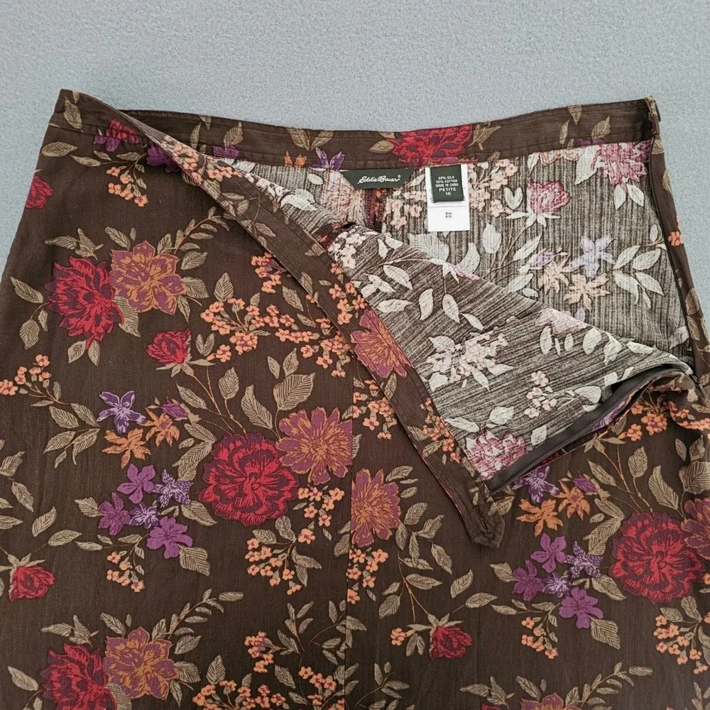 Vtg Eddie Bauer Silk Midi Skirt 16P Brown Dark Floral Earthy Fall Cottage Boho